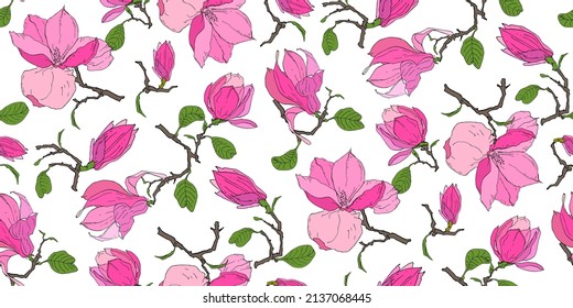 Spring Garden Magnolia blossom. Floral seamless pattern with pink magnolia on white for designs, clothing, bedding prints, phone cases, wrapping paper, gift wrap, textile, fabric, wallpaper. Vector