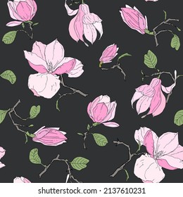 Spring Garden Magnolia blossom. Floral seamless pattern with pink magnolia on dark for designs, clothing, bedding prints, phone cases, wrapping paper, gift wrap, textile, fabric, wallpaper. Vector