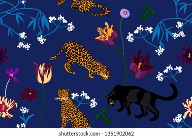 Spring garden motifs. Seamless vector pattern with leopards, panthers and wildflowers. On blue background.