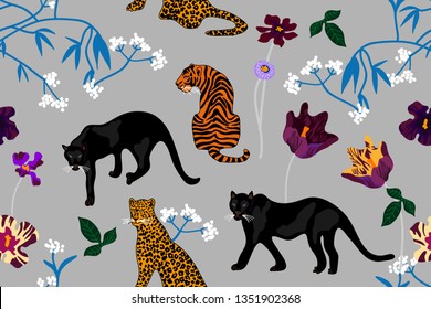 Spring garden motifs. Seamless vector pattern with tigers, leopards, panthers and wildflowers. On grey background.