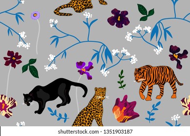 Spring garden motifs. Seamless vector pattern with tigers, leopards, panthers, tulips and wildflowers. On grey background.