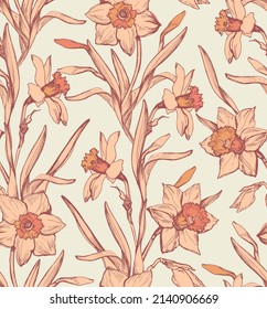 Spring Garden Narcissus Flowers Hand Drawn Seamless Pattern. Vintage Romantic Bloom Ogee Repeated Design. Cottage Core Aesthetic Floral Print for Scrapbook, Wrapping, Card, Fabric.