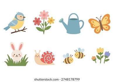 Spring Garden Nature Elements with Cute Animals and Insects Vector Set