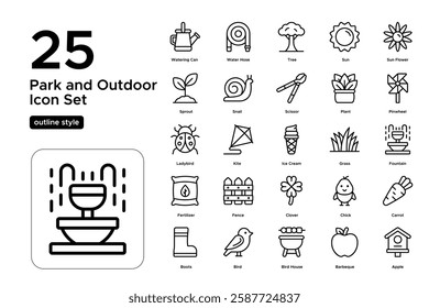 Spring Garden and Nature Icons. Floral Decoration, Bees, and Sunshine. Vector Illustration. Outline icon set