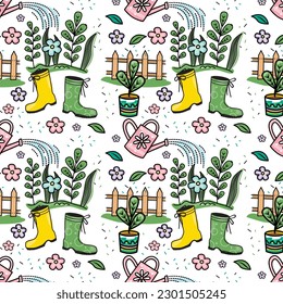 Spring garden nature, plant seamless pattern, flower pots, green seedling, boots. Backyard botanical summer gardening objects set with wheelbarrow, watering can. Spring garden background.