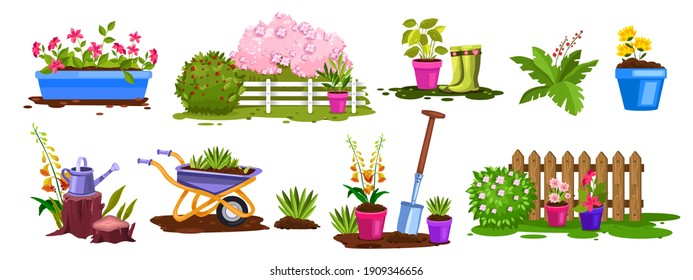 Spring garden nature, plant vector collection, flower pots, bushes, fence, green seedling, boots. Backyard botanical summer gardening objects set with wheelbarrow, watering can. Spring garden icons