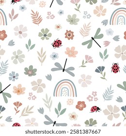 Spring garden, nature, rainbow, flowers, dragonfly, ladybug, seamless pattern