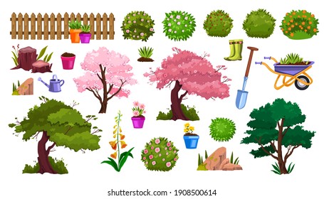 Jardín de primavera vectorial icono de caricatura conjunto con maceta de flores, árboles de flores, valla, flores, arbustos. Colección de jardinería verde en el patio trasero, pala, equipo. Objetos de entorno de jardín de primavera