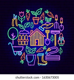 Spring Garden Neon Concept. Vector Illustration of Nature Promotion.