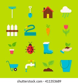 Spring Garden Objects Set with Shadow. Flat Design Vector Illustration. Collection of Seasonal Garden Colorful Items. Plants and Flowers. 
