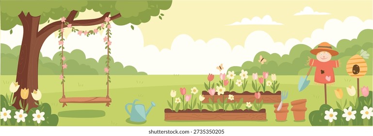 Spring garden panorama with flower beds, swing, and cute scarecrow. Horizontal vector illustration of a sunny backyard with trees, birdhouse, and gardening tools for kids and nature banners
