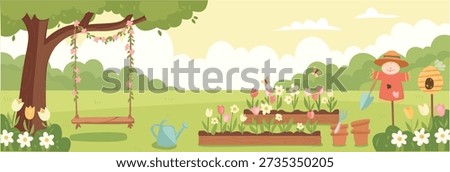 Spring garden panorama with flower beds, swing, and cute scarecrow. Horizontal vector illustration of a sunny backyard with trees, birdhouse, and gardening tools for kids and nature banners