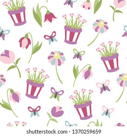 Spring garden party floral vector repeat pattern with flowers, butterflies and plants. Modern garden theme, perfect for fashion, fabric and many other textiles.