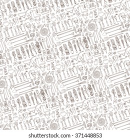 Spring garden pattern backdrop,linear background.Hand drawn vector sketch elements:flowers,bulb,garden tool, boarding equipment.Gardening Outline icon background,spring symbols,vintage vector
