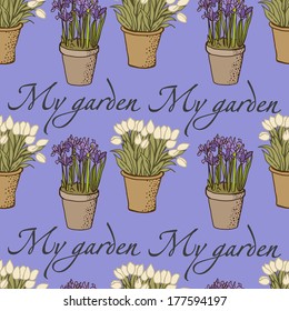 Spring garden pattern with flowers in pots.  Seamless vintage pattern for fabric, paper and other printing and web projects.