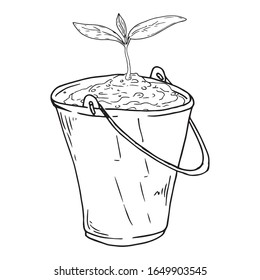 Spring garden plants planted in buckets icon. Vector illustration of a bucket with spring plants and flowers.