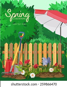 Spring garden. Poster design. Tools and plants. Vector illustration