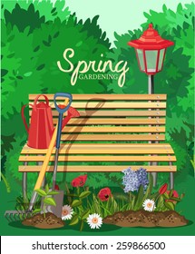 Spring Garden. Poster Design. Tools And Plants. Vector Illustration