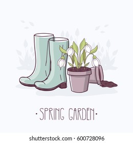 Spring Garden. Rubber Boots and Flowerpot with Snowdrops. 