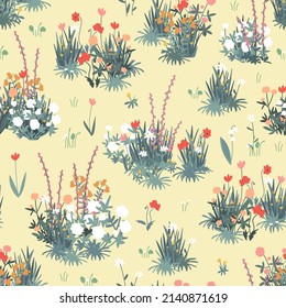 Spring garden seamless patter. Meadow flowers and grass blooming. Rustic garden landscape vector illustration