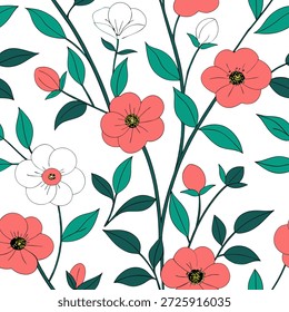Padrão sem emenda do jardim da primavera com anêmonas e camélias para o conceito de projetos de jardim ao ar livre elegante como anêmonas e camélias elegantes dispostas em um padrão de jardim de primavera sem emenda para espaços de jardim ao ar livre refinados no conceito do Photo Stock e espaço vazio no lado esquerdo, sem texto —ar 7:2 —tile