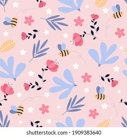 Spring garden seamless pattern concept. Cute bee and floral pattern.