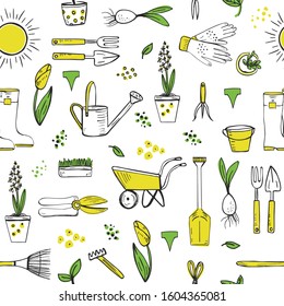 Spring garden seamless pattern. Hand drawn garden elements, plants and flowers, vector illustration