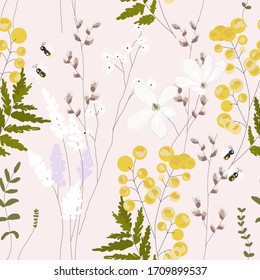 Spring garden seamless pattern with hand drawn florals, botanicals, doodles and tit birds. Springtime cute cartoon background