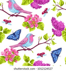 Spring garden seamless pattern. Natural illustration with blossom flower, robin birdie and butterfly.