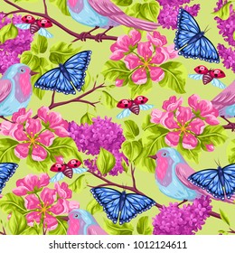 Spring garden seamless pattern. Natural illustration with blossom flower, robin birdie and butterfly.