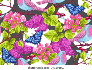Spring garden seamless pattern. Natural illustration with blossom flower, robin birdie and butterfly.