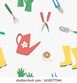 Spring garden seamless pattern.Hand drawn garden tools, geometric background. Vector garden sketch element. Spring Gardening, planting spring symbols, seedling, cute cartoon stile