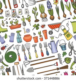 Spring garden seamless pattern.Hand drawn vector sketch elements: flowers,bulb, garden tool, bugs,boarding equipment.Gardening icon background,spring symbols,vintage vector ornament