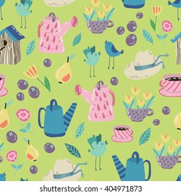 Spring Garden seamless vector pattern. Adorable childish illustrations with gardening supplies,  fruits and veggies. Perfect for scrapbooking paper, textile, stationary and web. 