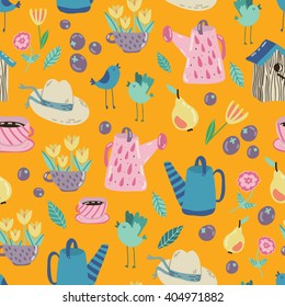 Spring Garden seamless vector pattern. Adorable childish illustrations with gardening supplies,  fruits and veggies. Perfect for scrapbooking paper, textile, stationary and web. 