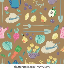 Spring Garden seamless vector pattern. Adorable childish illustrations with gardening supplies,  fruits and veggies. Perfect for scrapbooking paper, textile, stationary and web. 