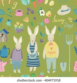 Spring Garden seamless vector pattern. Adorable childish illustrations with gardening supplies, rabbits, fruits and veggies. Perfect for scrapbooking paper, textile, stationary and web. 