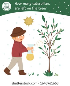 Spring garden searching math counting game for children with cute boy spraying the tree against caterpillars. Cute funny smiling characters. Find and count hidden caterpillars on the tree.