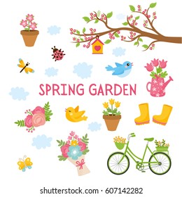 Spring garden set. Collection of spring elements. Flowers bouquet, birds, bike, tree branch.