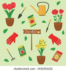 Spring Garden set. Flowers in pots, gloves, seeds, watering can, small rakes, shovels. Tulips, roses, daffodils (narcissus). Gardening. Bright set of garden tools. Flat cartoon vector illustrations. 