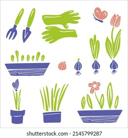 Spring garden set with flowers, sprouts, box, pots, tools, gloves. Vector spring silhouette illustration isolated on white background for poster, flyer design.