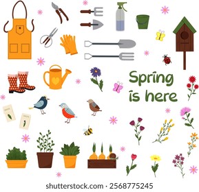 Spring garden set. Spring is here. Garden tools - shovel and pitchfork, gloves and apron, rubber boots. Birdhouse and birds, different flowers. Plants in pots and garden boxes. Vector illustration