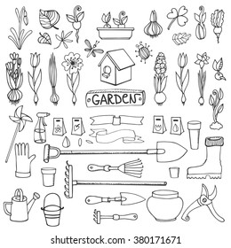 Spring garden set.Hand drawn flowers,bulb, garden tool,boarding equipment.Vector garden sketch elements.Spring Gardening isolated icon set,planting spring symbols,seedlings,vintage vector elements
