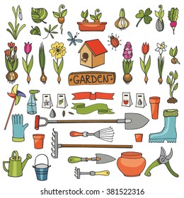 Spring garden set.Hand drawn flowers,bulb, garden tool,boarding equipment.Vector garden sketch elements.Spring Gardening isolated icon set,planting spring symbols,seedlings,vintage vector elements