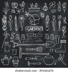 Spring garden set.Hand drawn flowers,bulb, garden tool,boarding equipment.Vector garden sketch elements.Spring Gardening isolated icon set,planting spring symbols,seedlings.Vintage chalkboard