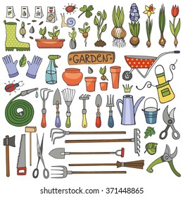 Spring garden set.Hand drawn vector sketch elements: flowers,bulb, garden tool, bugs,boarding equipment.Gardening isolated icon set,spring symbols,vintage vector elements