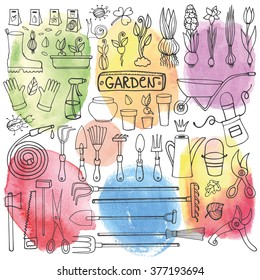 Spring garden set.Hand drawn vector sketch elements: flowers,bulb, garden tool, bugs,boarding equipment and Watercolor spalshes.Gardening icon set,spring symbols,vintage vector Outline elements