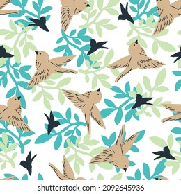 Spring Garden and Sparrow Birds Vector Graphic Seamless Pattern can be use for background and apparel design