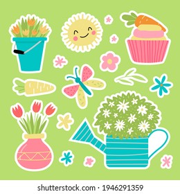 Spring garden stickers in cute hand drawn style. Happy gardening design. Perfect for scrapbooking, greeting card, party invitation, poster, tag. Vector illustration.