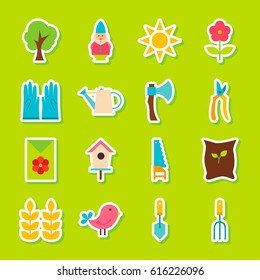 Spring Garden Stickers. Vector Illustration Flat Style. Collection of Seasonal Nature Symbols.